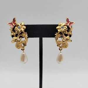Vintage Avon Garden Of Eden Pierced Earrings Gold Tone Enamel Faux Pearl